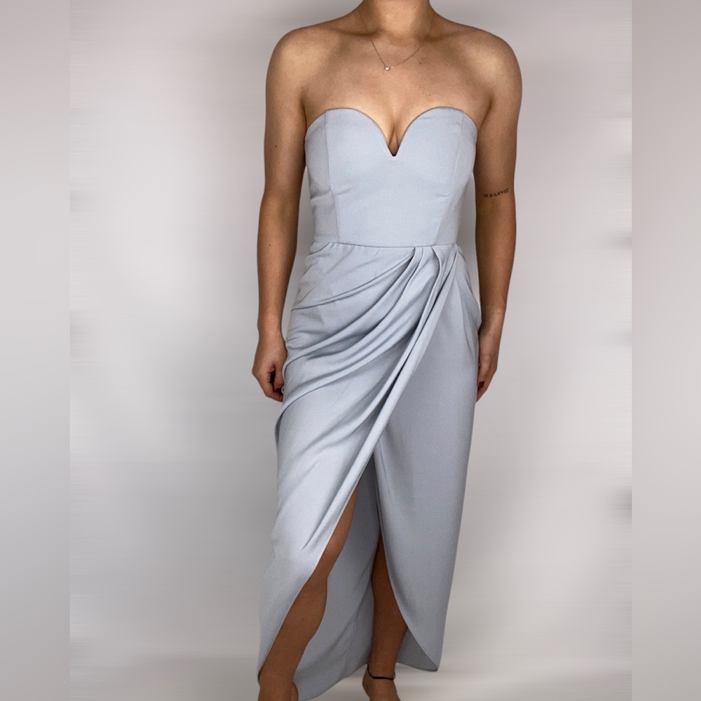 SHONA JOY Strapless Draped Satin Maxi Dress in Sky Blue Party Cocktail